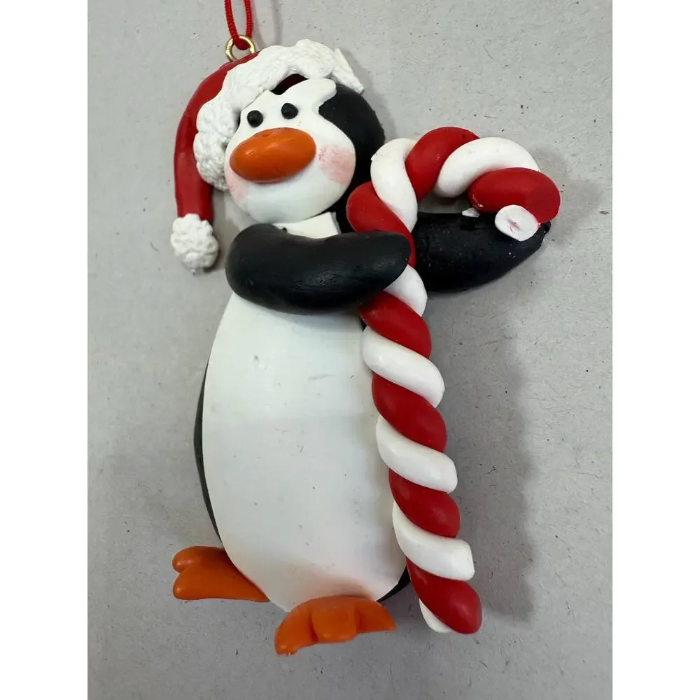 Polymer Clay Penguin Christmas Ornament, Santa Hat, Candy Cane, Holiday Decor